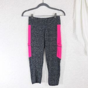 Heathered Pocket Crop Leggings Gray Pink Medium Workout Pants w/ Pockets Nylon